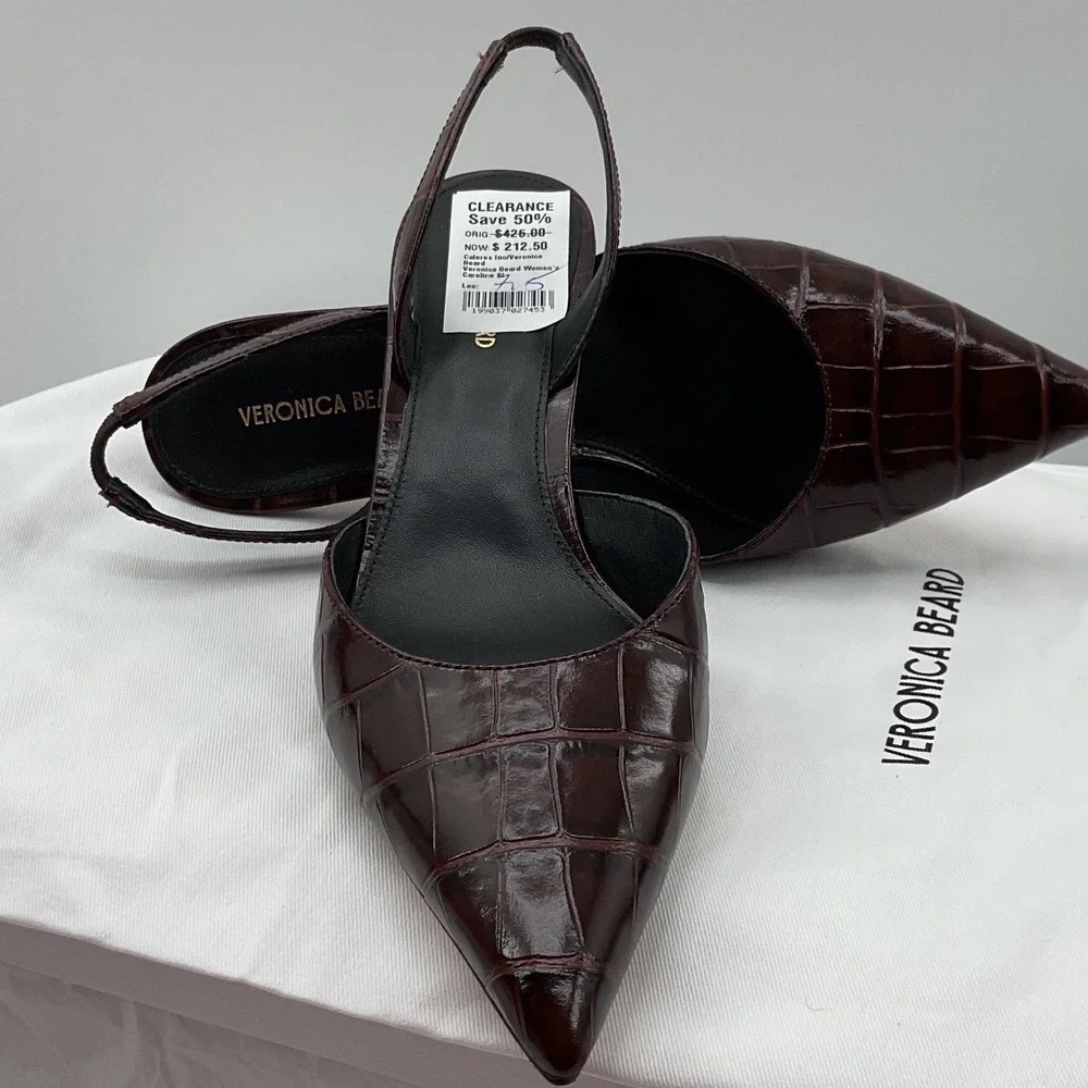 Veronica Beard Caroline Mahogany Croc Embossed Leather Slingback Pumps 7.5M NWT